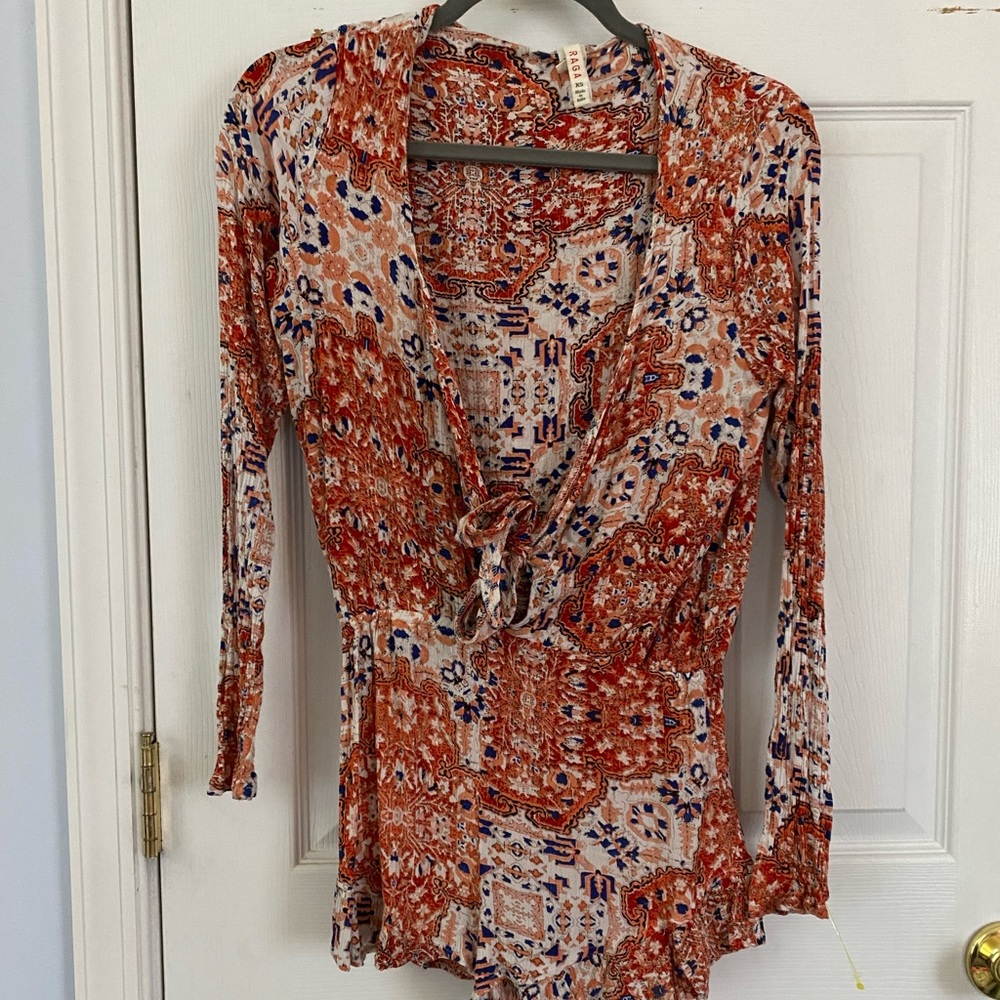 Raga tie front romper orange blue pattern XS